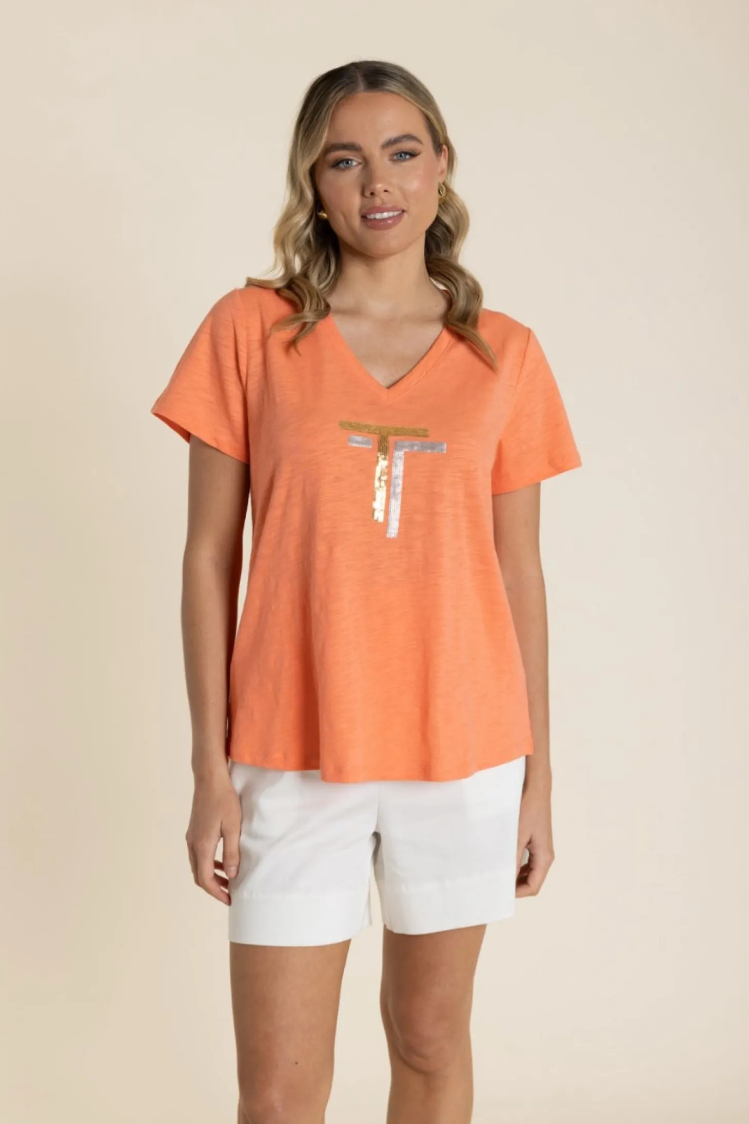 Gold/Silver Logo Sequin V-Neck Tee - Tangelo - TT60