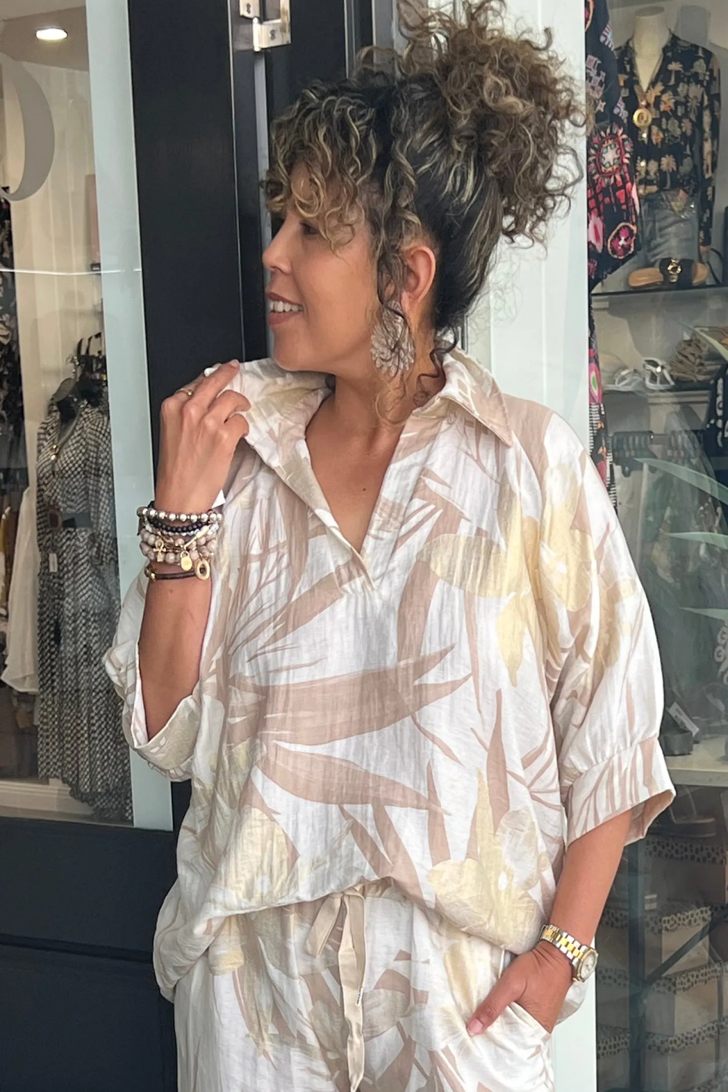 Lucy Print Top - Natural/Gold - CG48